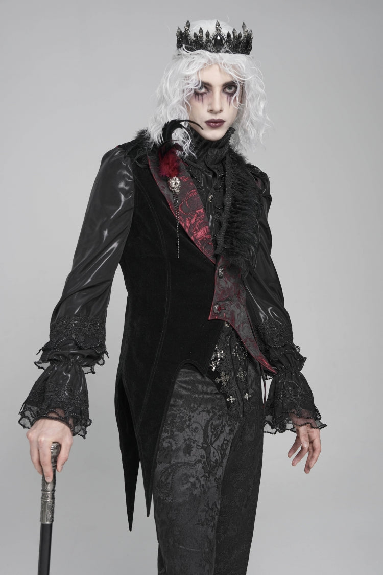 Black Long Sleeves Rose Print Irregular Contrast Color Men's Gothic Vest with Detachable Feather Accessory - Product - 9