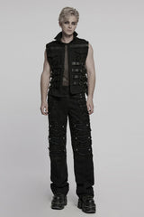 Black Stitching Mesh Rivet Buckle Men's Punk Vest - Product - 4