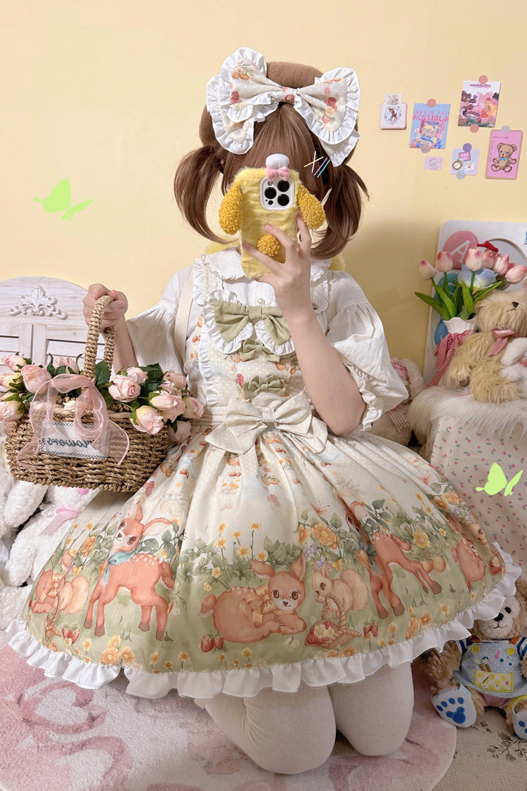 Multi-Color [Little Deer Gathering] Sleeveless Print Ruffle Bowknot Daily Sweet Lolita Strap Dress - Product - 4