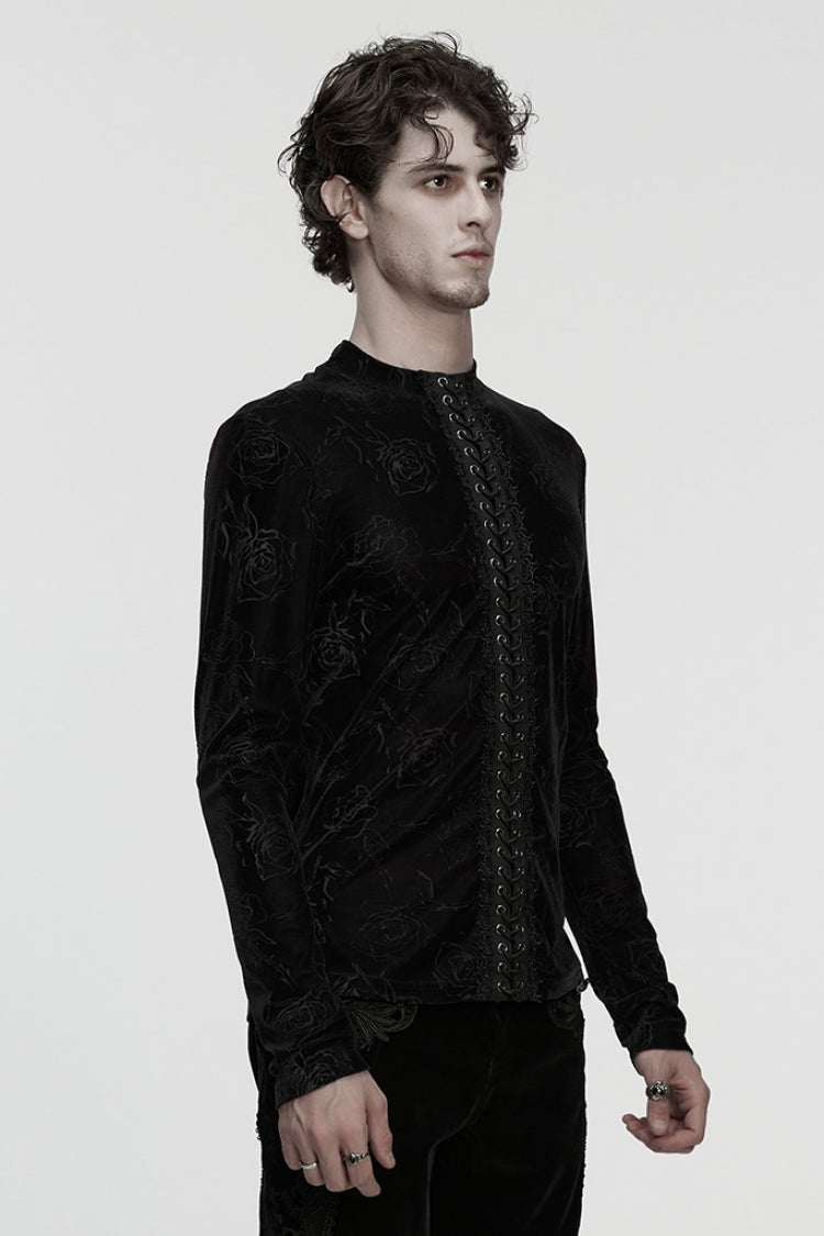 Black Stand Collar Long Sleeves Rose Embossed Lace-Up Zippered Men's Gothic Top - Product - 2
