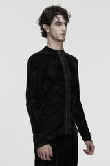 Black Stand Collar Long Sleeves Rose Embossed Lace-Up Zippered Men's Gothic Top - Product - 2