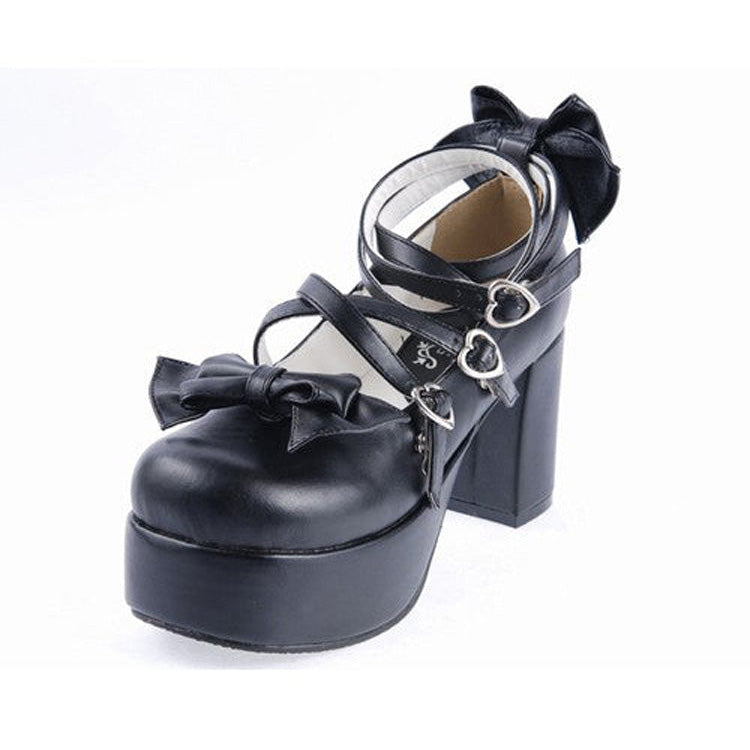 Black Synthetic Leather Cross Straps Bow Lolita Shoes - Product - 5