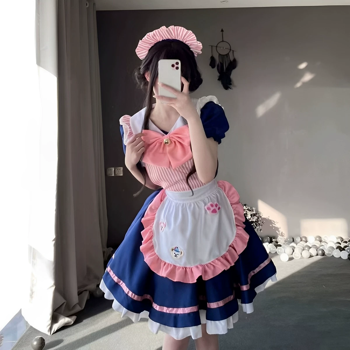 Black and Navy Blue Ruffled Maid Style Dress with Apron Bow Accent - view 6