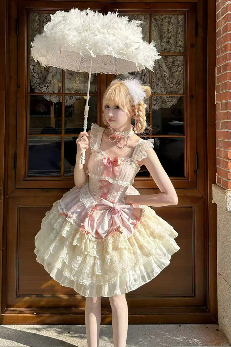 Pink [Rose Canticle] Sleeveless Multi-Layered Bowknot Lace Lace-Up Pearl Ballet Sweet Lolita Jsk Dress - Product - 6