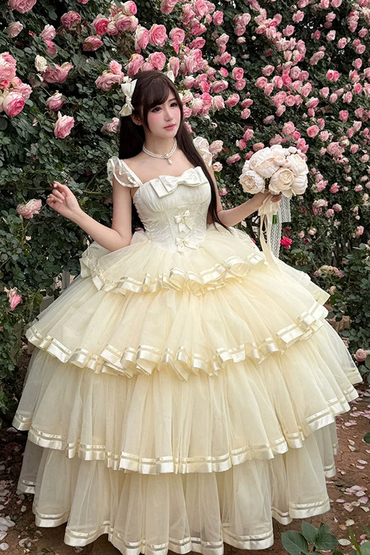 Apricot [Sweet Organza Satin] Sleeveless Multi-Layered Ruffled Hanayome Bow Lace Sweet Elegant Princess Lolita Jsk Dress - Apricot - 1