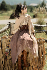 Brown [Sunset Yellow Sand] Print Irregular Asymmetric Classic Vintage Lolita Dress Set - Product - 7