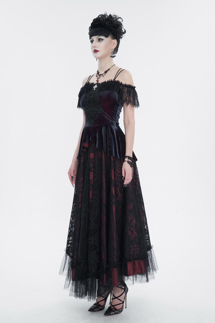 Red Stretch Velvet Eyelash Lace Short-Sleeved One-Shoulder Women's Gothic Strap T-Shirt - Product - 5