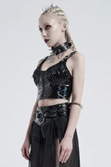 Black Knit Metal Buckle Shoulder Strap Splice Mesh Press Glue Women's Punk Vest - Product - 2
