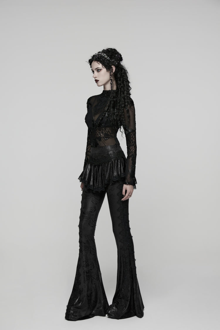 Black Printed Lace Slim Faux Two-Piece Women's Gothic Flared Pants - Product - 3