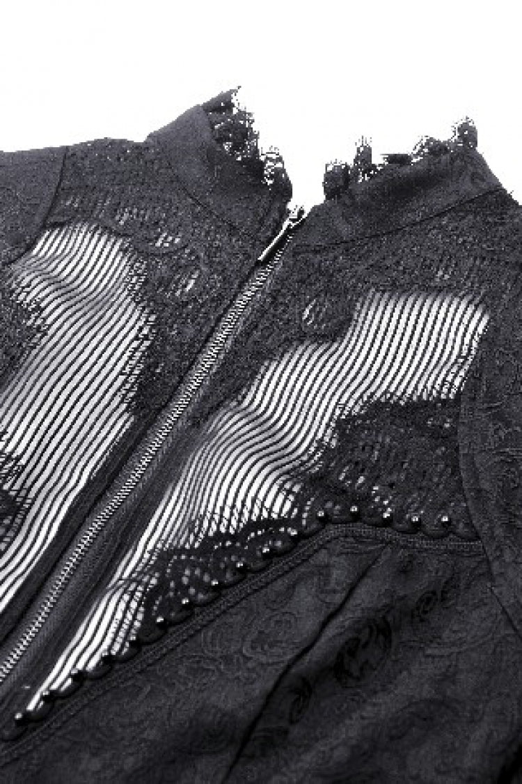 Black Stand Collar Long Trumpet Sleeves Lace Sheer Lace-Up Women's Gothic High Low Tail Coat - Product - 13