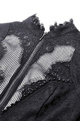 Black Stand Collar Long Trumpet Sleeves Lace Sheer Lace-Up Women's Gothic High Low Tail Coat - Product - 13