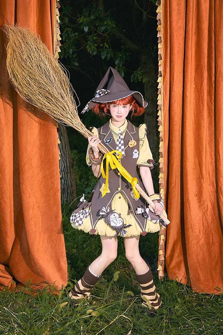 Brown/Yellow [Witch and Paradise] Short Sleeves Ruffle Bowknot Sweet Japanese Halloween Lolita Dress Vest Set - Product - 4