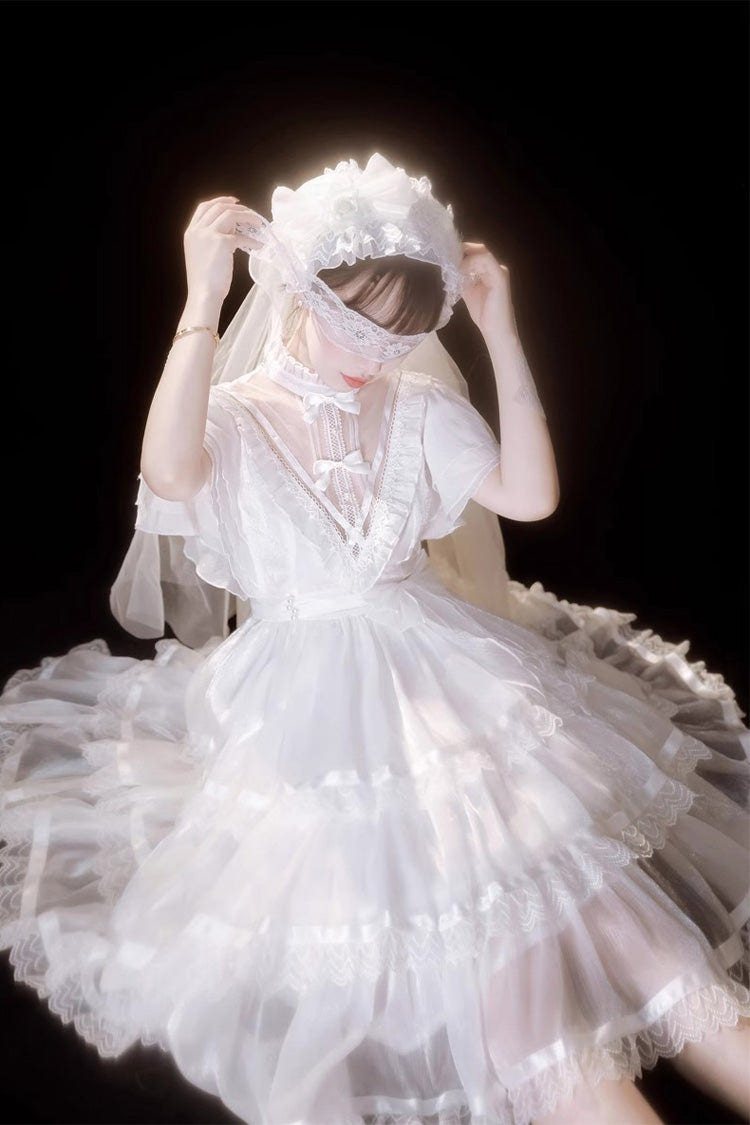 White Castle Night High Waisted Ruffled Hanayome Gothic Lolita Tiered Dress - Product - 2