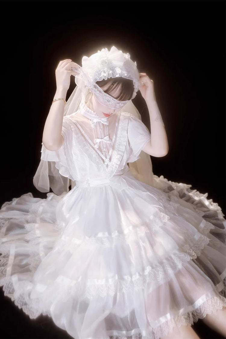 White Castle Night High Waisted Ruffled Hanayome Gothic Lolita Tiered Dress - Product - 2