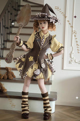 Brown/Yellow [Witch and Paradise] Short Sleeves Ruffle Bowknot Sweet Japanese Halloween Lolita Dress Vest Set - Product - 6