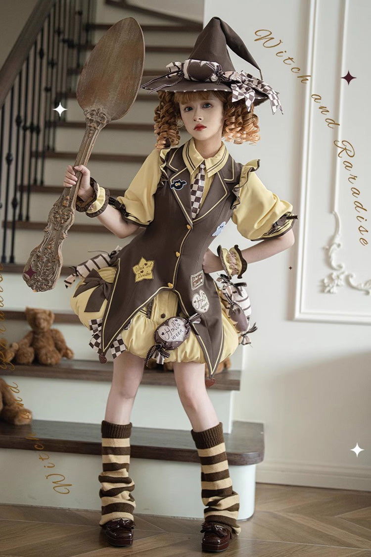 Brown/Yellow [Witch and Paradise] Short Sleeves Ruffle Bowknot Sweet Japanese Halloween Lolita Dress Vest Set - Product - 6