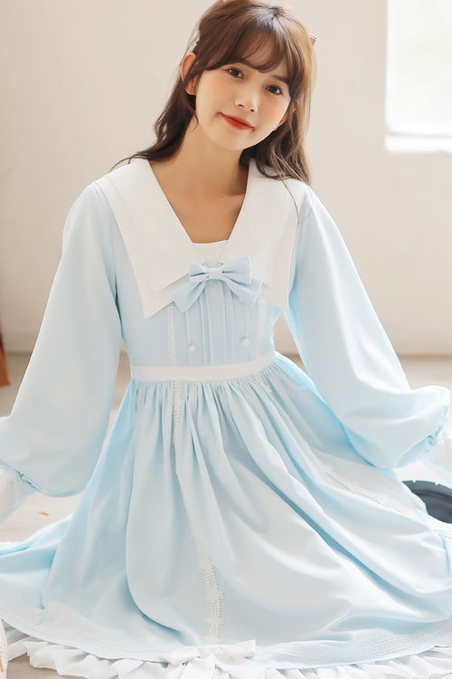 Lapel Collar Lantern Sleeves High Waisted With Bow Sweet Lolita OP Dress - Product - 6
