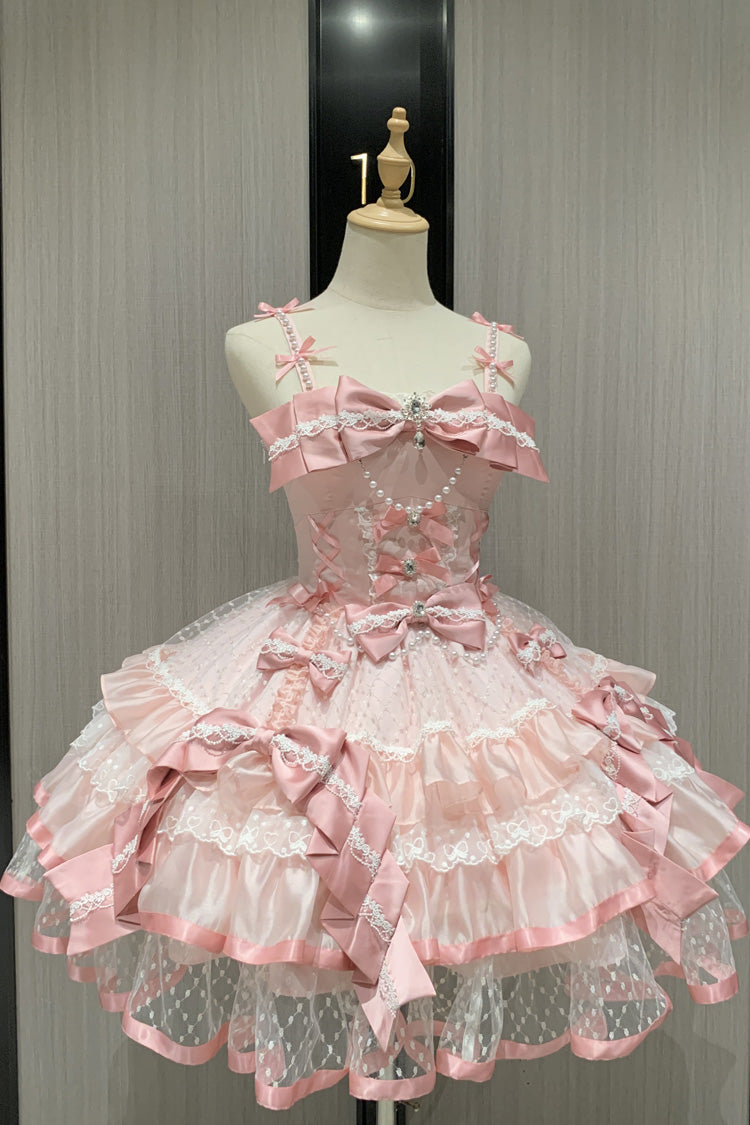 Pink [Gem Love] Sleeveless Triple-Layered Ruffle Bowknot Lace Sweet Ballet Lolita Jsk Dress - Product - 3