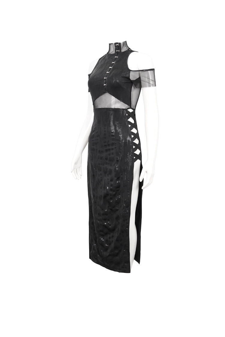 Black Off The Shoulder Irregular Knit Paneled Mesh Side Slit Women's Punk Dress - Product - 9
