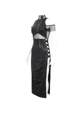 Black Off The Shoulder Irregular Knit Paneled Mesh Side Slit Women's Punk Dress - Product - 9