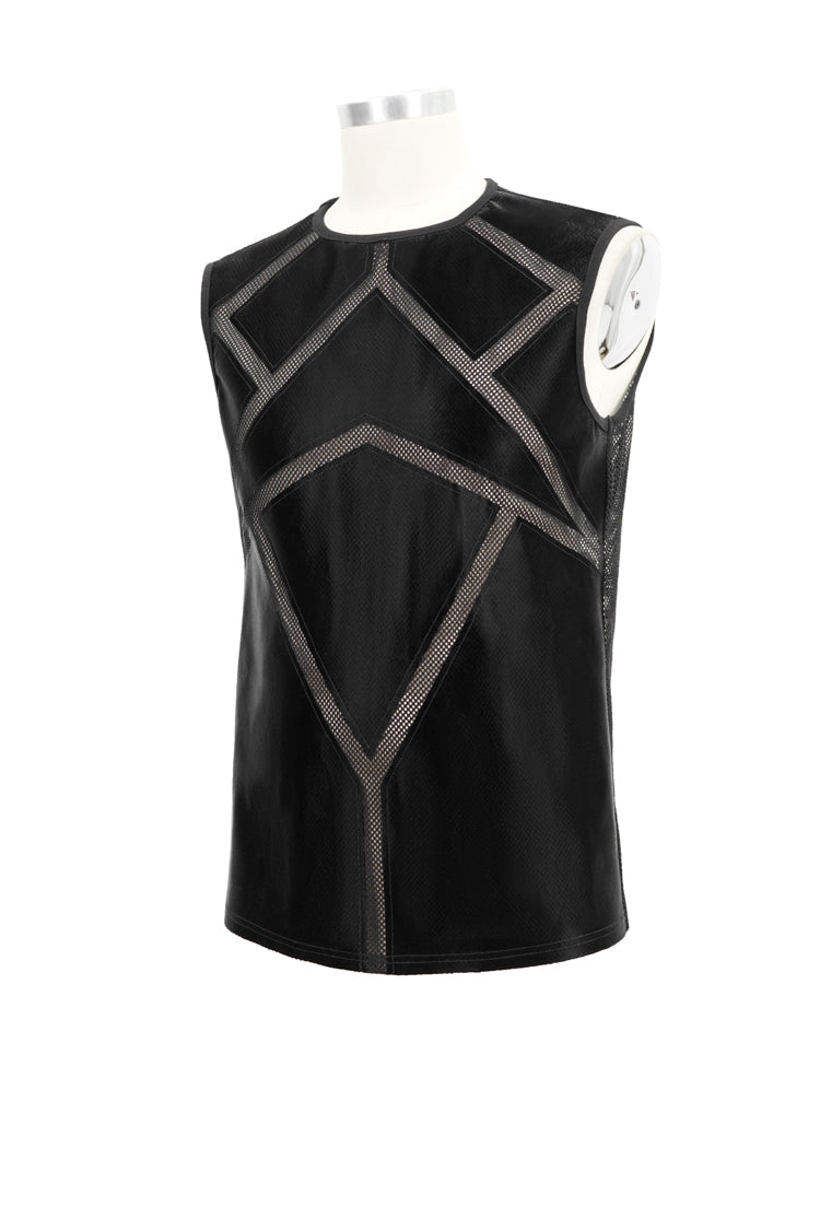 Black Shiny Knits Splice Armor Modeling Mesh Men's Punk Vest - Product - 8