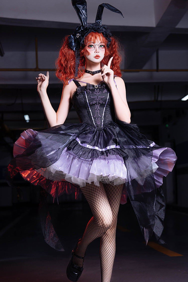 Black/Purple [Devil Girl] Print Ruffle Embroidery Gothic Lolita Jsk Dress - Black/Purple - 1