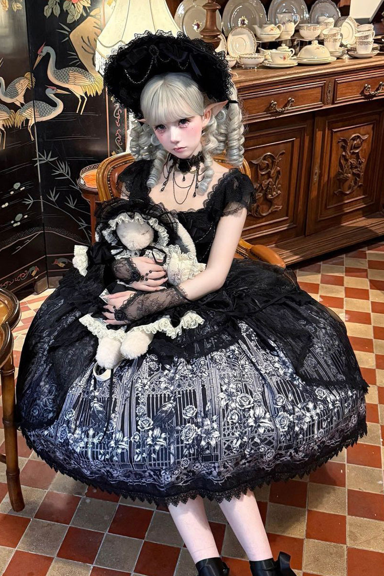 Black [Sacred Thorn Feather Relic] Square Collar Short Sleeves Printed Ruffled Open-Front Bow Lace Gothic Lolita Dress - Product - 2