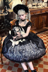 Black [Sacred Thorn Feather Relic] Square Collar Short Sleeves Printed Ruffled Open-Front Bow Lace Gothic Lolita Dress - Product - 2