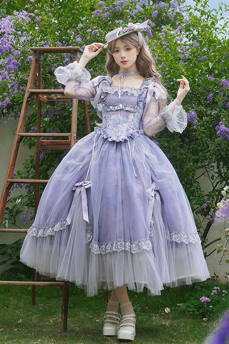 Purple Square Collar Long Sleeves Ruffle Bowknot Lace Fishbone Sweet Lolita Dress - Purple - 1