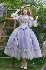Purple Square Collar Long Sleeves Ruffle Bowknot Lace Fishbone Sweet Lolita Dress - Purple - 1