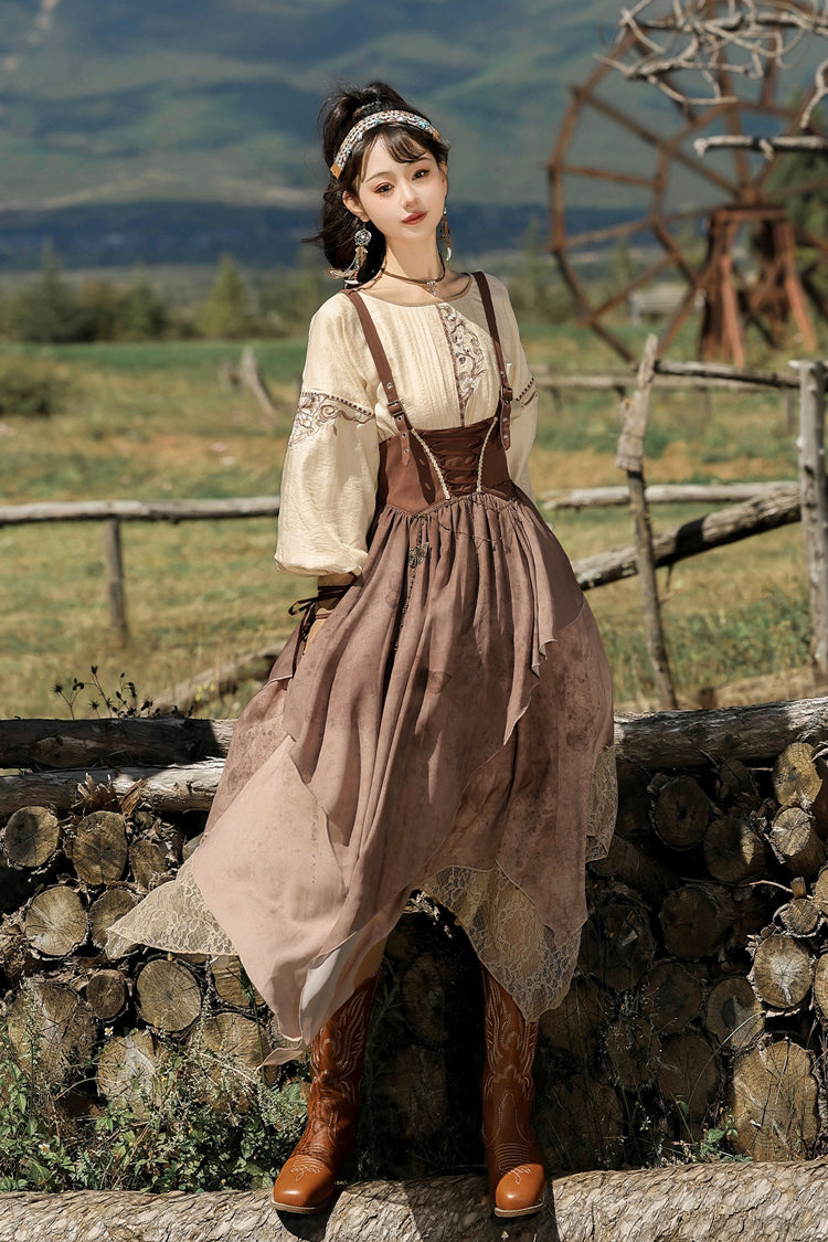 Brown [Sunset Yellow Sand] Print Irregular Asymmetric Classic Vintage Lolita Dress Set - Product - 3