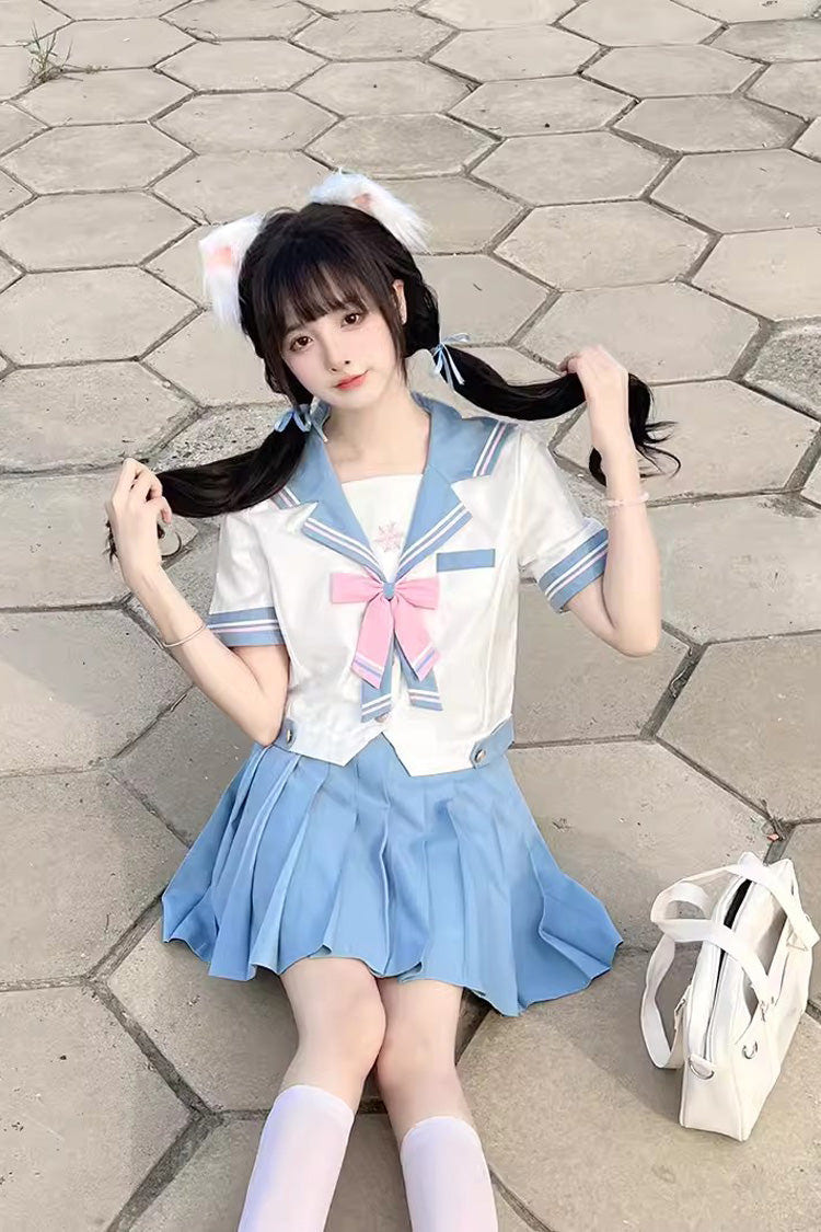 ホワイト／ブルー フリル リボン スウィート 和風 スクール セーラー スカートセット 商品画像