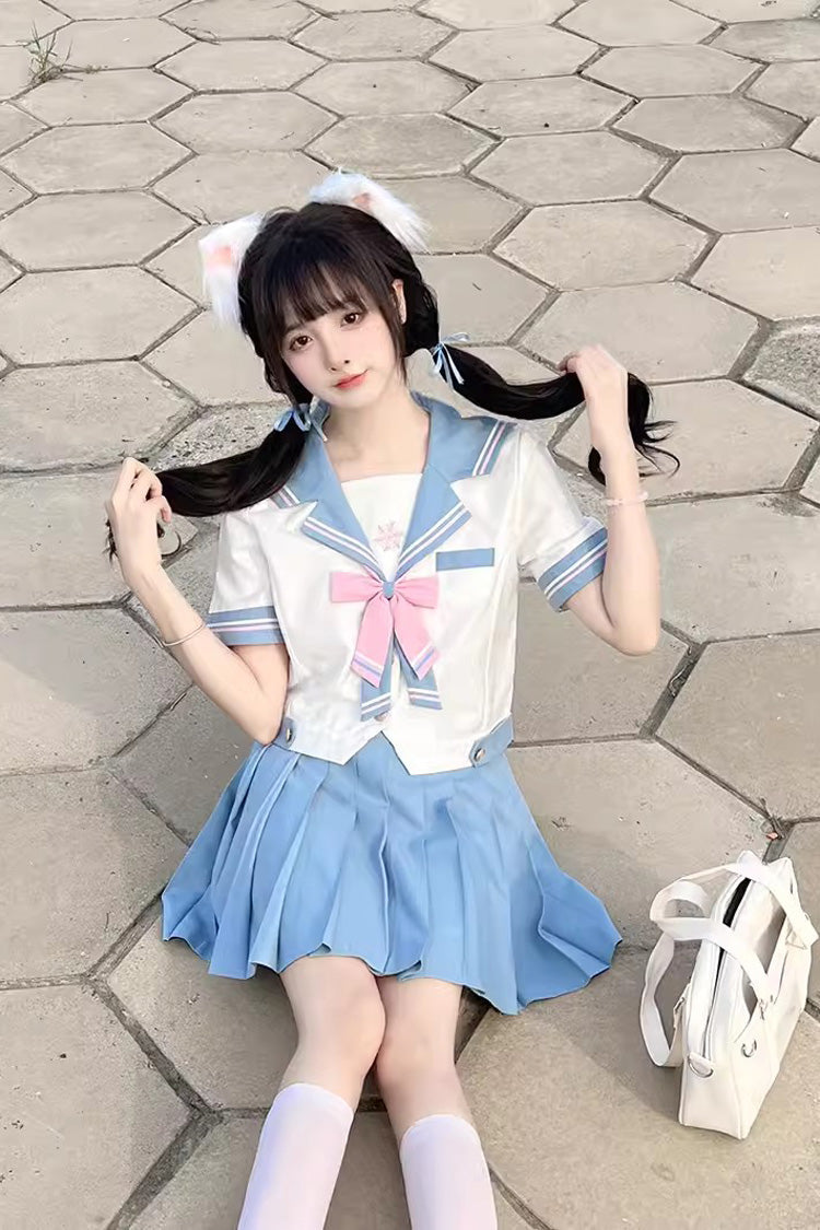 White/Blue Ruffle Bowknot Sweet Japanese School Sailor Skirt Set - Product - 3