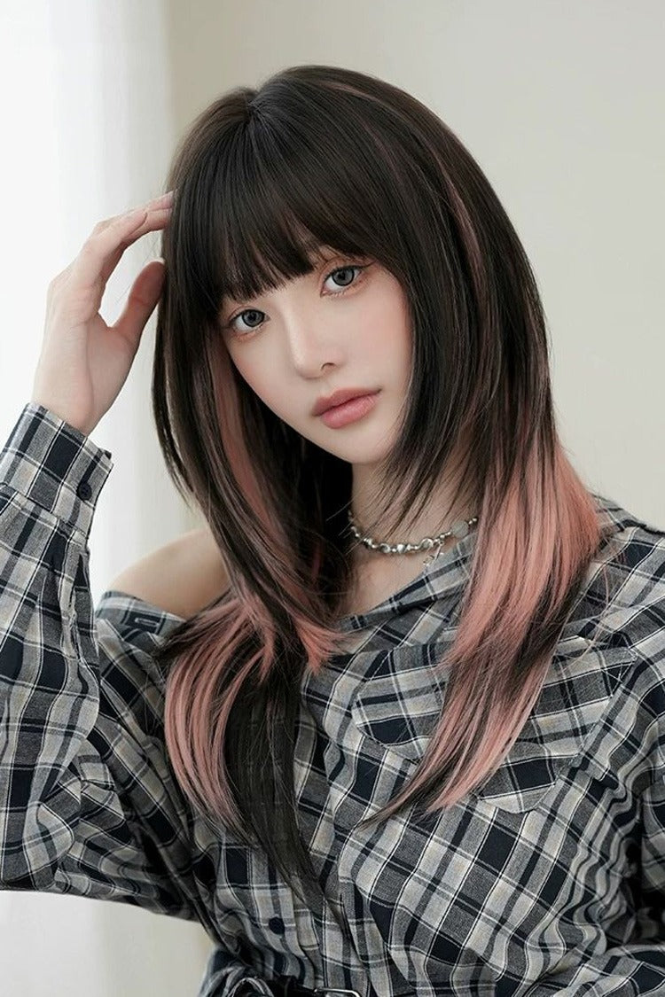 Black/Pink Ombre Fluffy High-Layered Long Straight Wig with Air Bangs - Black/Pink - 1