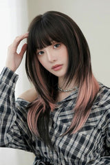 Black/Pink Ombre Fluffy High-Layered Long Straight Wig with Air Bangs - Black/Pink - 1