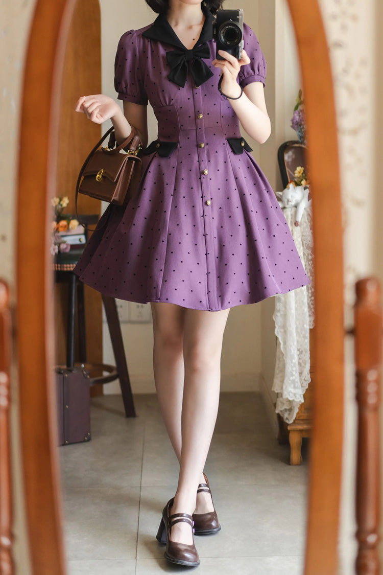 Purple [Forest Boulotty] Lapel Collar Short Sleeves Heart-Shaped Polka Dot Printed Bow Sweet Lolita Dress - Product - 7