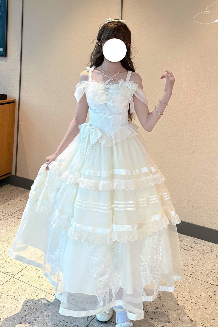 Apricot [Moonlight Poems] Triple-Layered Jacquard Ruffle Bowknot Lace Sweet Elegant Princess Lolita Jsk Dress - Product - 4