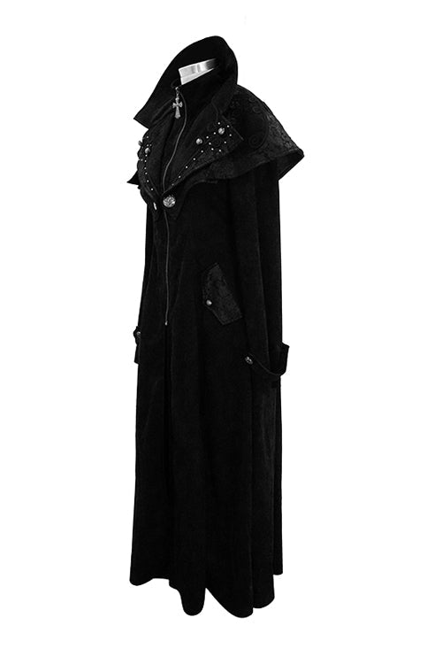 Black Hand Embroidered Big Shawl Collar Zipper Up Long Womens Gothic Coat - Product - 5