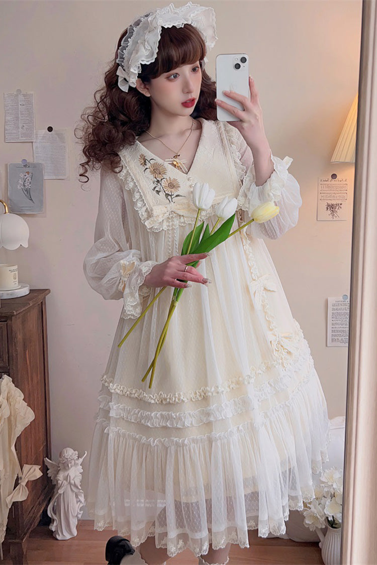 Ivory [Sunflower Diary] Long Sleeves Ruffle Embroidery Bowknot Lace Chiffon Sweet Princess Lolita Dress - Product - 12
