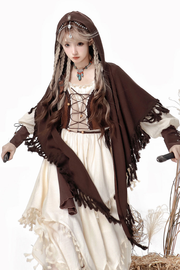White/Brown Wandering Witch Cloak Long Sleeves Daily Irregular Lolita Dress - Product - 6