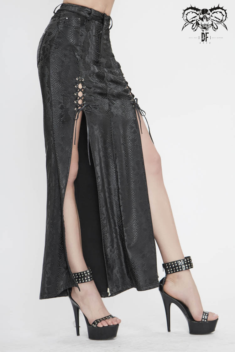 Black Snake Like Leather Side Slit Hem Lace Up Rivet Long Women's Punk Skirt - Product - 2