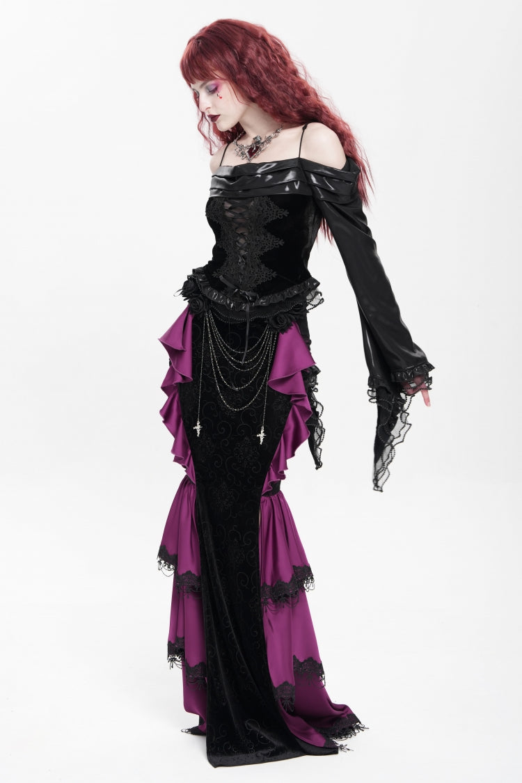 Purple Floral Print Lace-Up Rose Chain Women's Gothic Fishtail Skirt - Product - 12