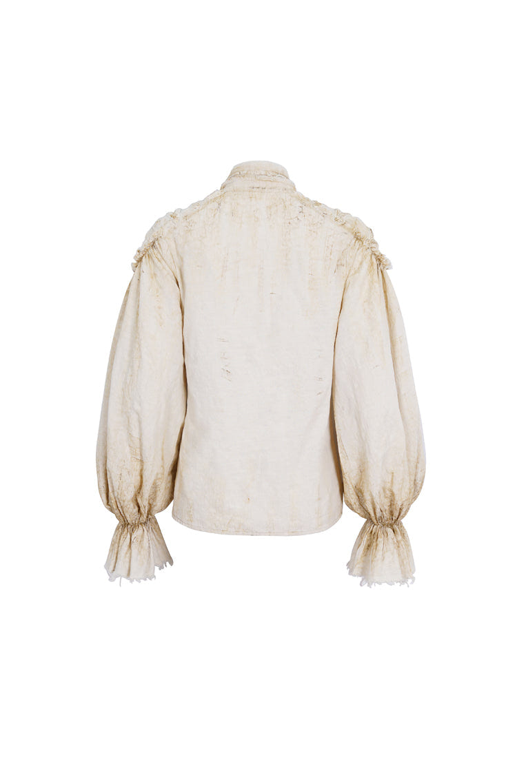 Beige Stand Collar Lantern Sleeves Print Lace Women's Punk Blouse - Product - 7