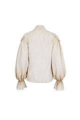 Beige Stand Collar Lantern Sleeves Print Lace Women's Punk Blouse - Product - 7