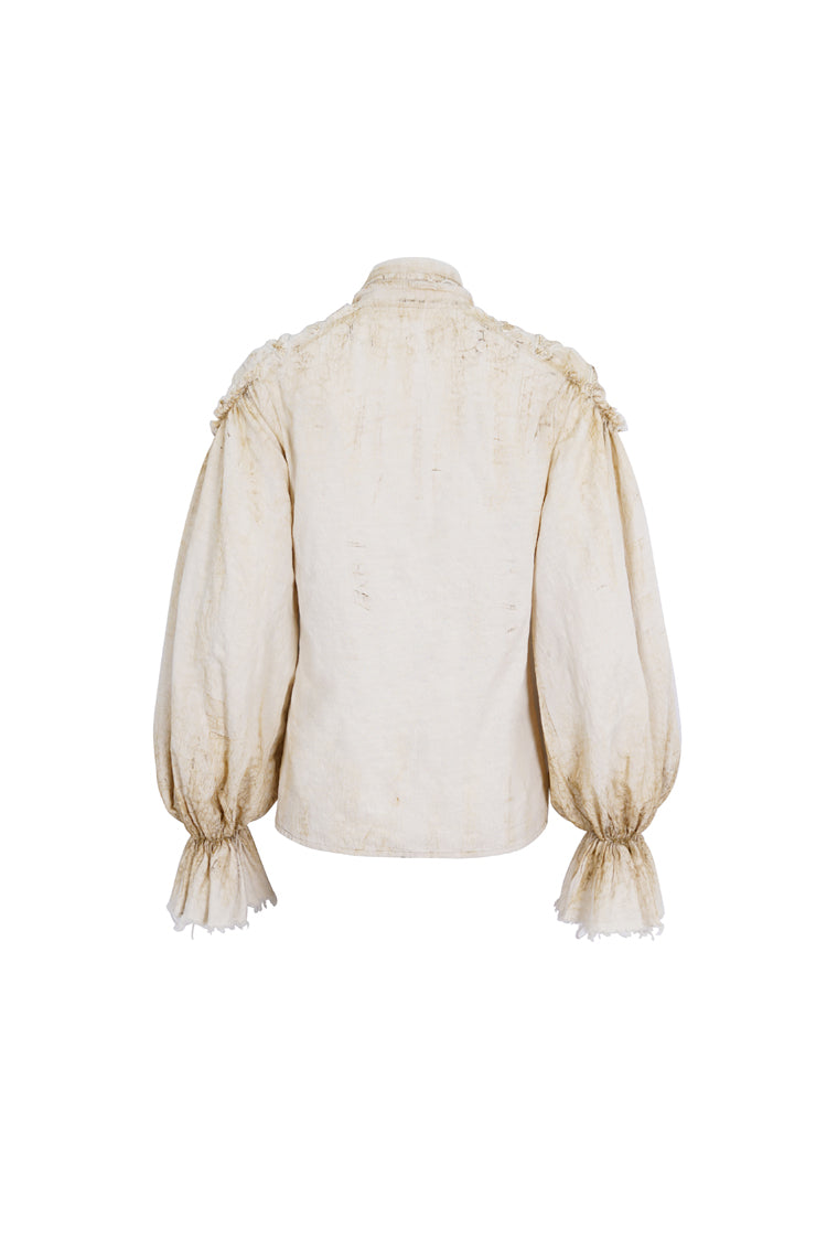 Beige Stand Collar Lantern Sleeves Print Lace Women's Punk Blouse - Product - 7