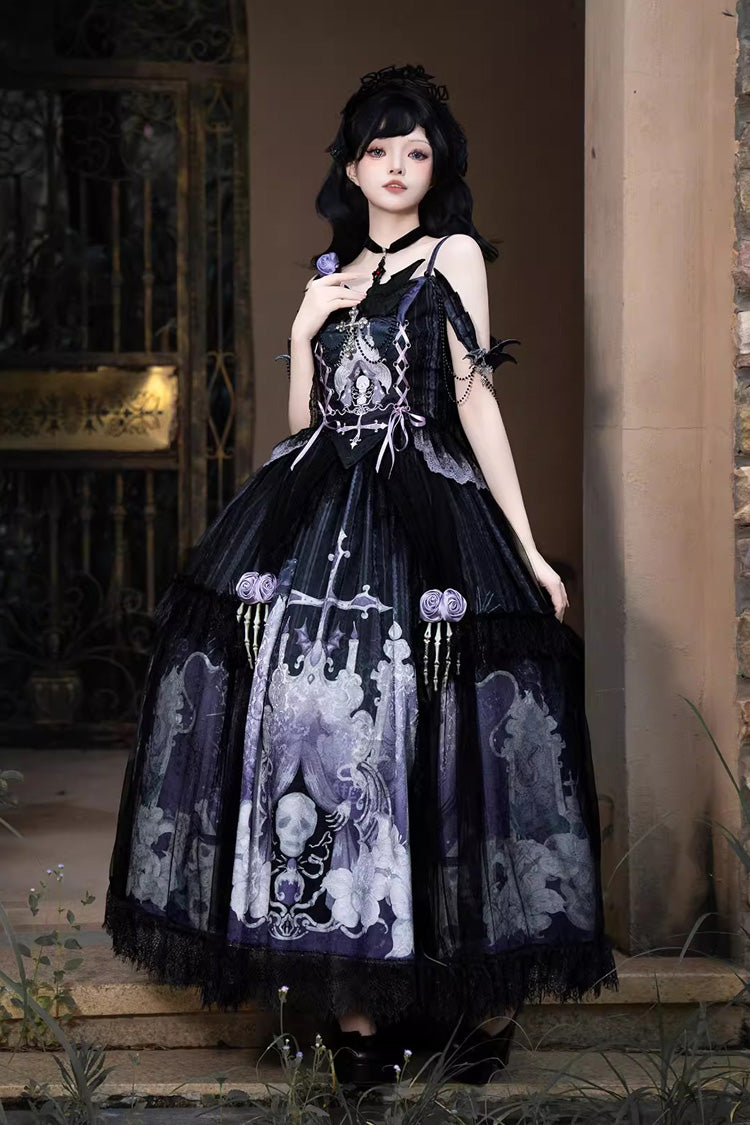 Black/Blue [Skull Magic] Print Ruffle Bowknot Gothic Elegant Lolita Skirt Two-Piece Set - Product - 8