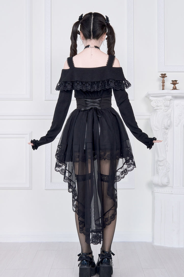 Jirai Kei Fake Two Pieces Off Shoulder Long Sleeves Ruffle Bowknot Lace Gothic Dress 2 Colors - Product - 6