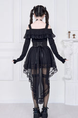 Jirai Kei Fake Two Pieces Off Shoulder Long Sleeves Ruffle Bowknot Lace Gothic Dress 2 Colors - Product - 6