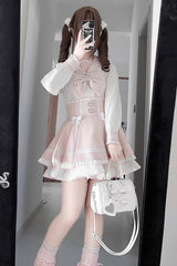 White/Pink [Snow-Kissed Rose] Navy Collar Long Sleeves Triple-Layered Ruffled Bow Sweet Jirai Kei Japanese Skirt Set - Product - 4