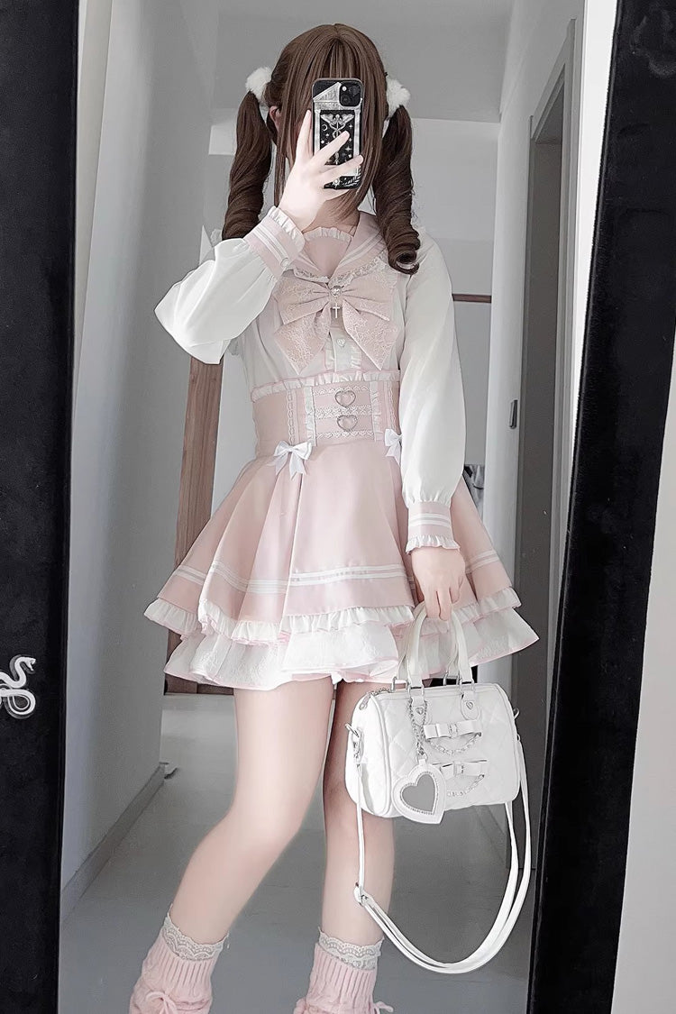 White/Pink [Snow-Kissed Rose] Navy Collar Long Sleeves Triple-Layered Ruffled Bow Sweet Jirai Kei Japanese Skirt Set - Product - 4